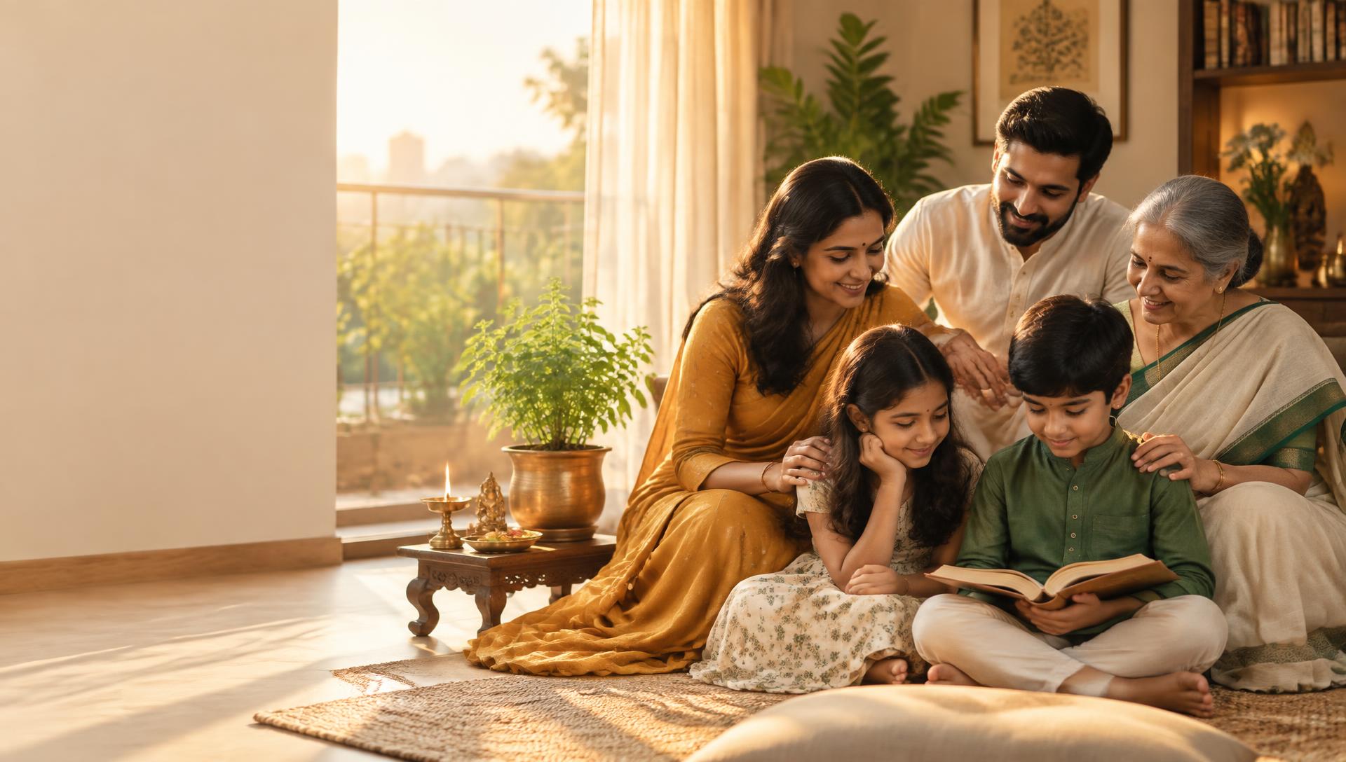 A multigenerational Indian family sharing a peaceful morning at home